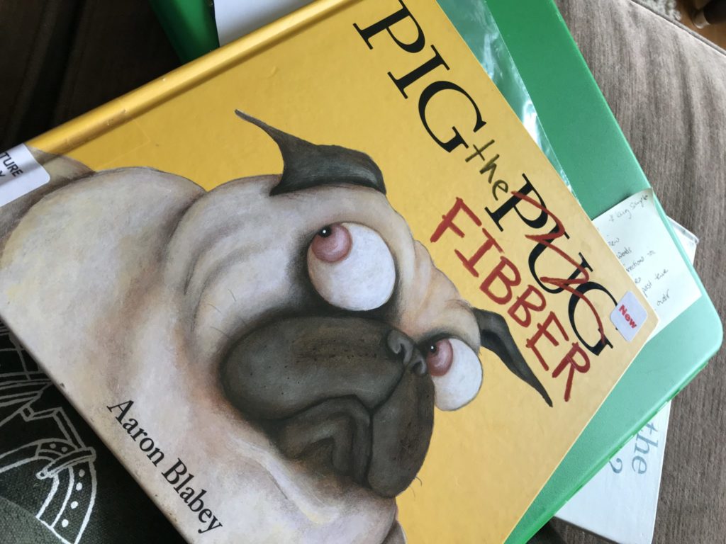 A photo of a yellow children's book with a picture of a pug on the front and words "Pig the Pug." The word "Pug" is crossed out and replaced in red crayon with "Fibber."