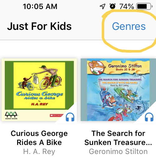A screenshot from the Hoopla app with the title "Just for Kids." In the upper right hand corner is the word "Genres" circled in yellow. Below are pictures of two children's books.
