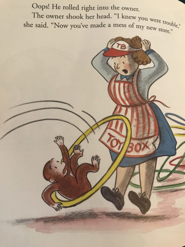 A picture of a lady and a monkey. The lady has her hands on her head and looks distressed. The monkey is tripping over a hula hoop and is about to land on the floor.