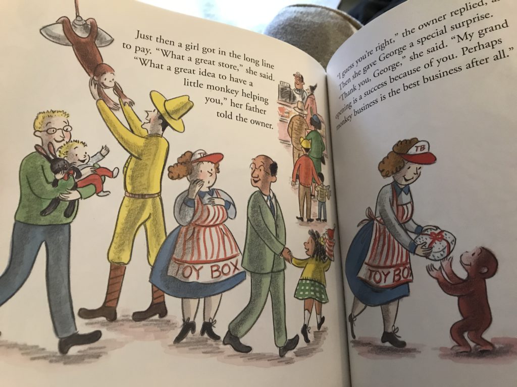 Two pages of a book. On the left a shop owner is looking surprised and is surrounded by children with toys and a man in a yellow hat holding a monkey. On the opposite page, she is smiling and giving the monkey a package.