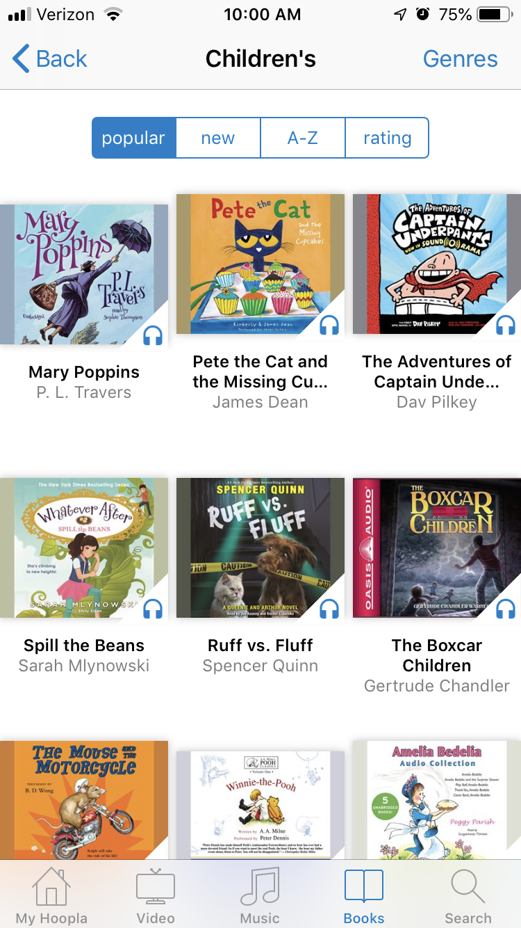 A screenshot from the Hoopla app that shows colorful covers of children's books