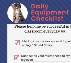 A screenshot of a document with a photo of a cat in the corner and the text "daily listening equipment" checklist across the top.  Bullet points are partially viewable and include "Ling 6 sound check" and "connect your microphone to my receivers."