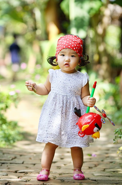A toddler wearing a dress and head covering is walking on a path holding a toy in her hand. 