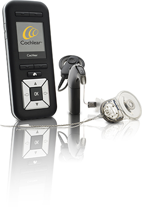 An image of a cochlear implant internal portion and external and a remote microphone.