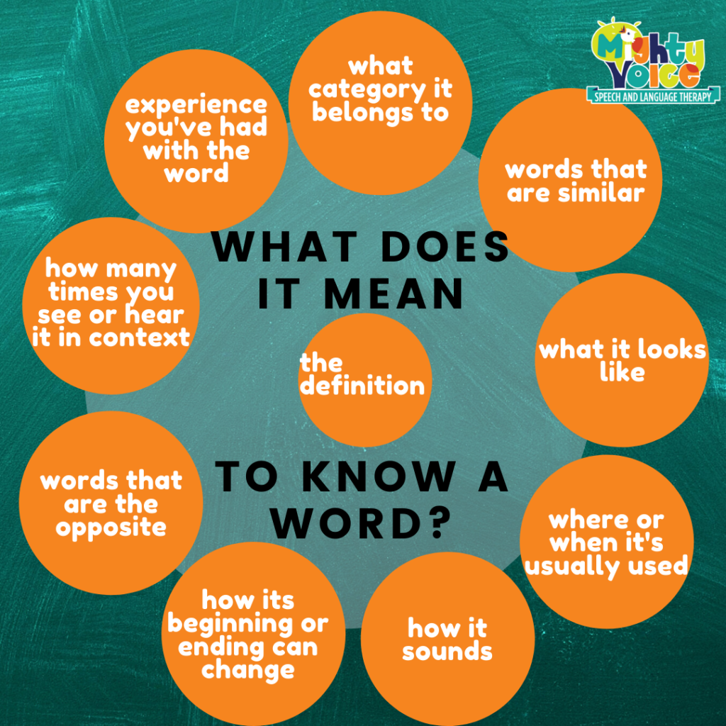 An infographic with the words "What does it mean to know a word" in the center, with "the definition" in the middle. Around the outside are circles filled with different aspects of vocabulary knowledge, including "how it sounds," "what it looks like," "where or when it's usually used," "words that are the opposite," "how its beginning or ending can change," "how many times you see or hear it in context," "experience you've had with the word," "what category it belongs to
