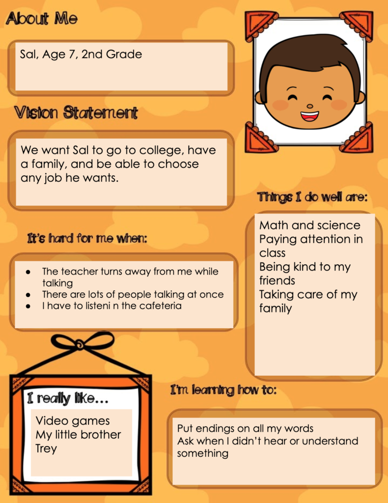 An image of a one-pager with an orange background for a student named Sal. The one pager includes different boxes for things that are easy, hard, interests, and a photo of the student. 